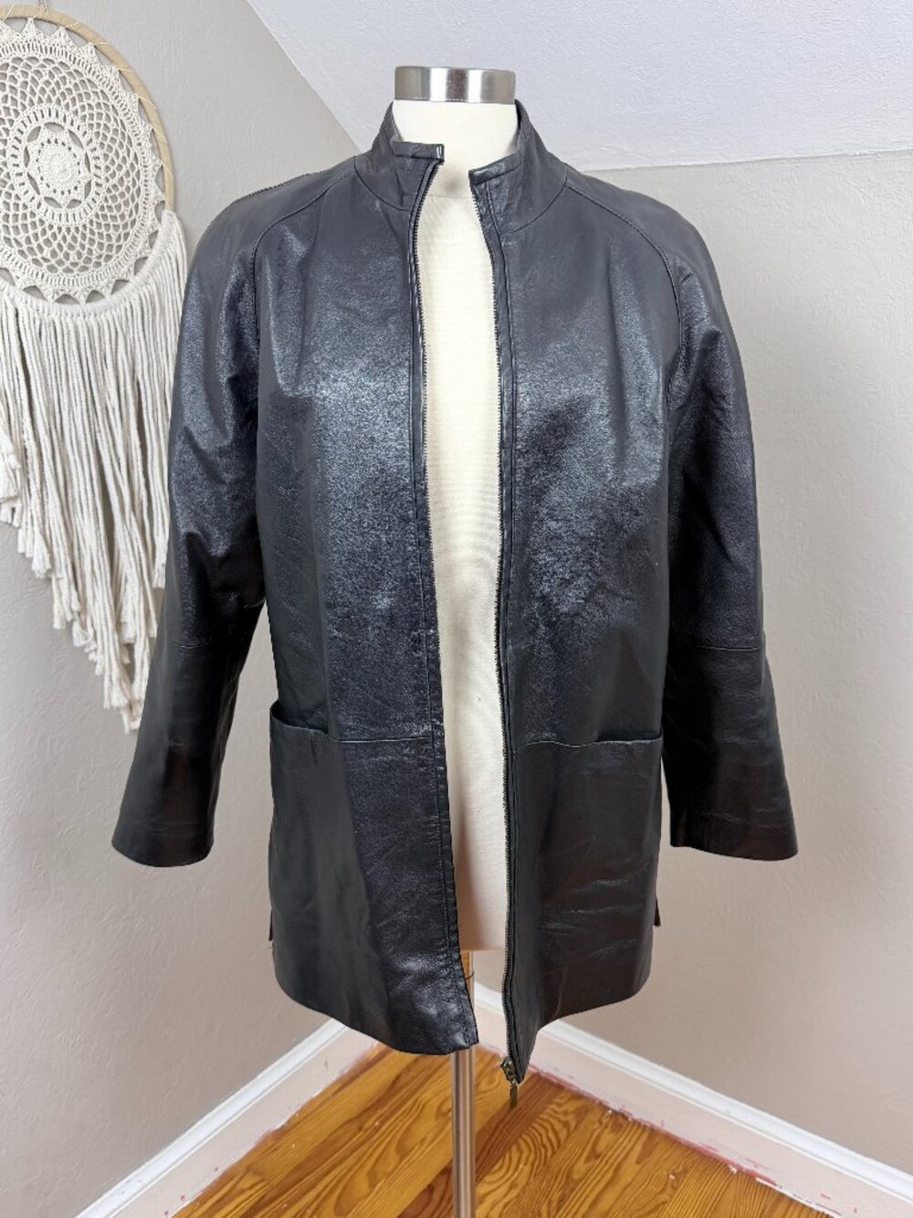 Chadwick's | Vintage Black Genuine Leather Longline Zip Jacket Mandarin Collar M